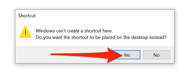 Select "Yes" in Windows 10's VPN shortcut creation prompt.
