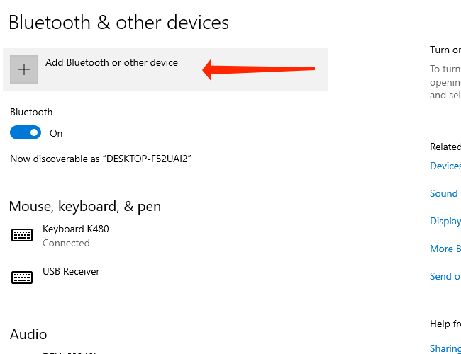 Click Add Bluetooth and other devices to pair a Bluetooth device with your Windows 10 PC