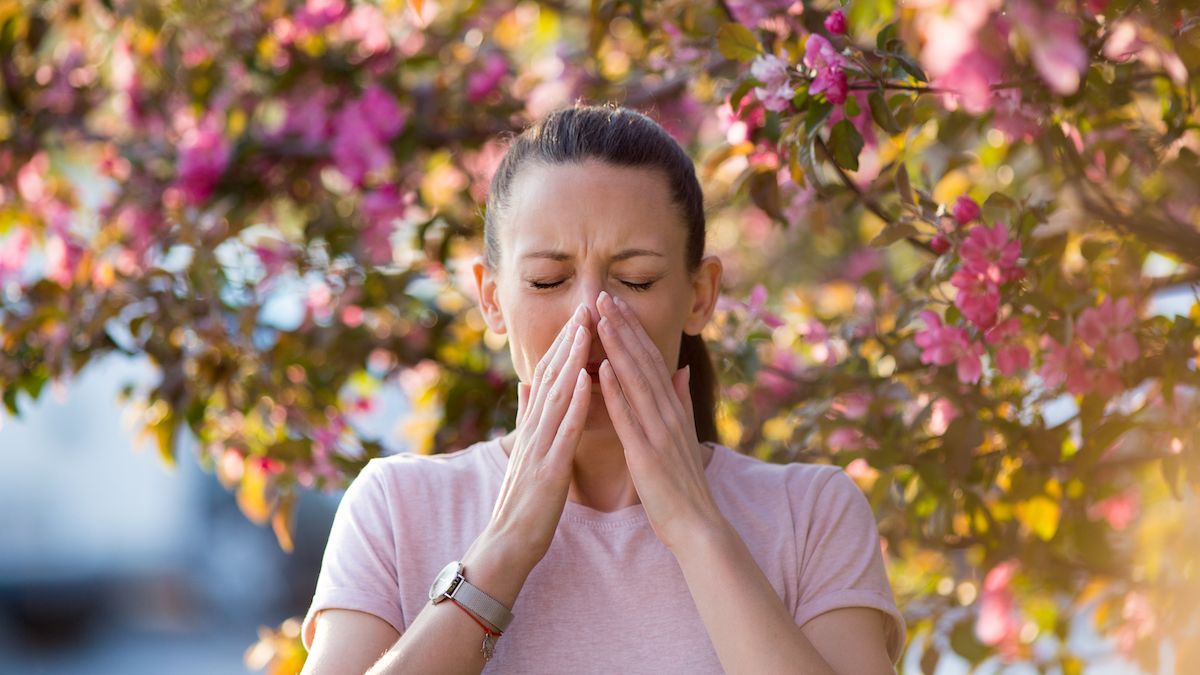 Woman standing under a tree sneezing from pollen allergies