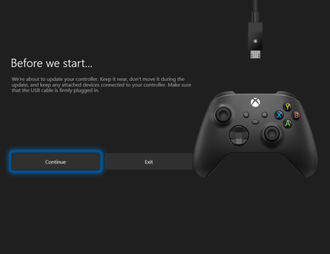 Click Continue to start updating your Xbox Wireless Controller