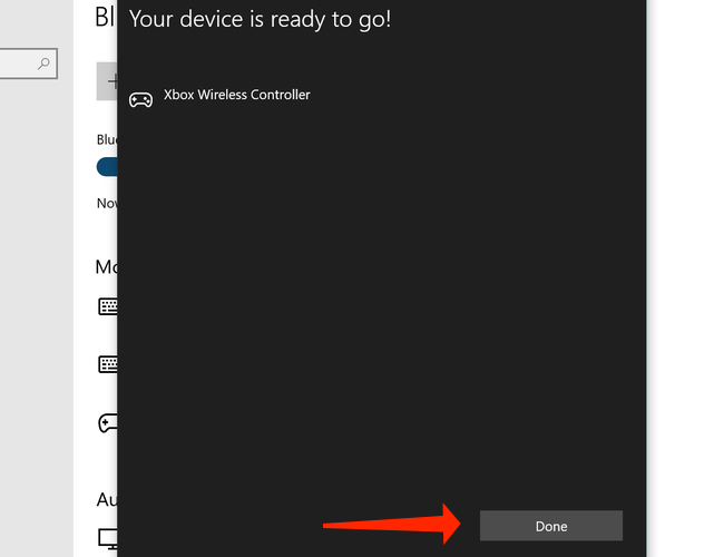 Click Done to finish pairing the Xbox Wireless Controller with your PC on Windows 10