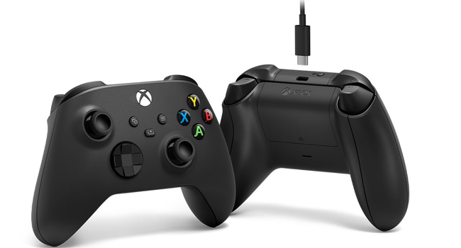An Xbox Wireless Controller with a USB Type-C cable