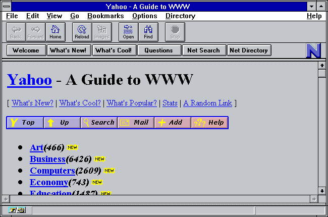 Netscape Navigator showing a Yahoo web page from about 1994.