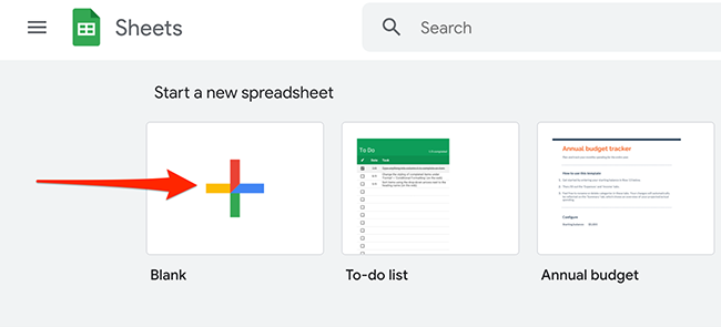 Click "Blank" on Google Sheets to make a new spreadsheet.