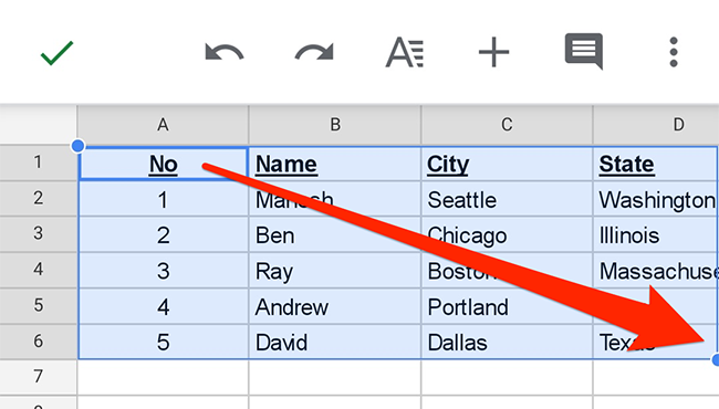Select a table in a spreadsheet in the Google Sheets app.