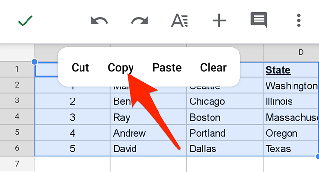 Select "Copy" in Google Sheets' context menu.