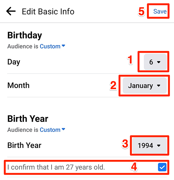Save new birthday details in the Facebook app.