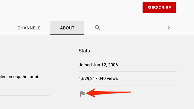 Click the flag icon in the "About" tab of a YouTube channel.
