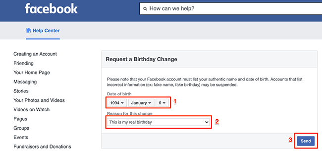 Facebook's "Request a Birthday Change" web page.