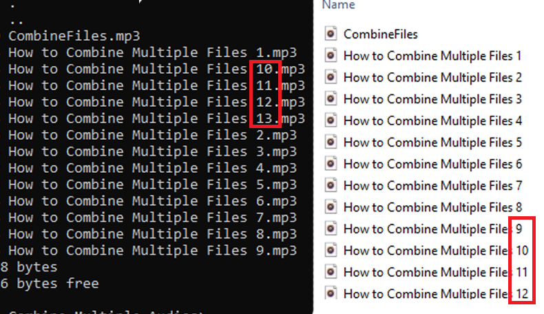 Command Prompt and File Explorer file name ordering differences.