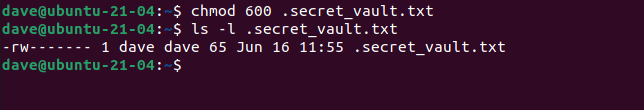 chmod 600 .secret_vault.txt in a terminal window