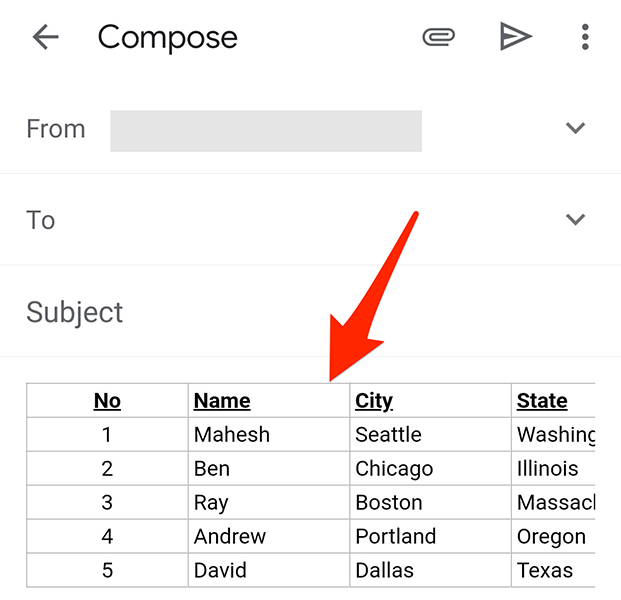 A pasted table in an email in the Gmail app.