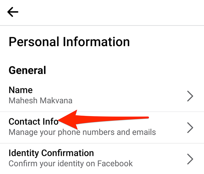 Select "Contact Info" on the "Personal Information" screen in Facebook.