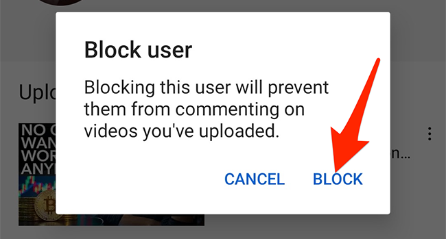 Select "Block" in the "Block User" prompt of the YouTube app.