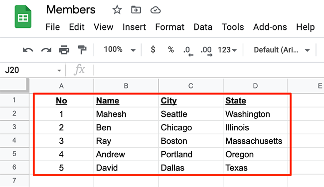 A sample spreadsheet on Google Sheets.