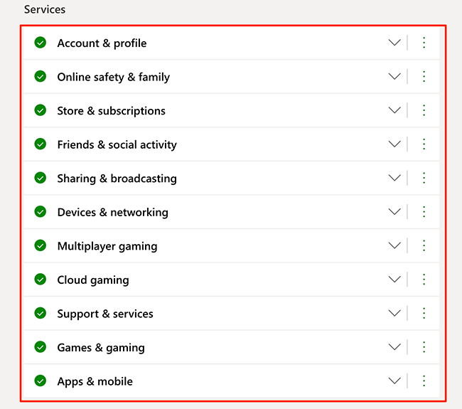 The "Services" section on the Xbox Status website.