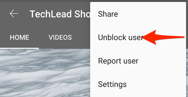 Tap "Unblock User" in the three-dots menu for a channel in the YouTube app.