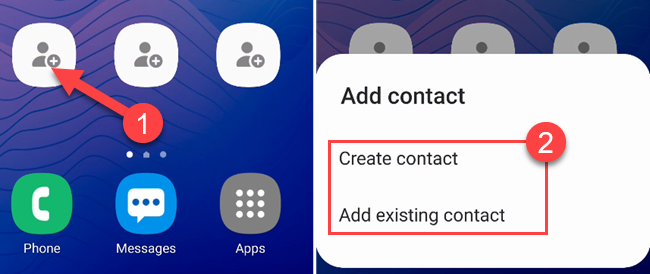 Tap one of the empty shortcuts to select a contact, then select "Create Contact" or "Add Existing Contact."
