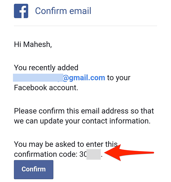 Copy the unique code from Facebook's confirmation email.