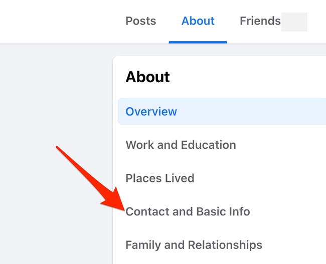 Select "Contact and Basic Info" from the Facebook profile's "About" tab.