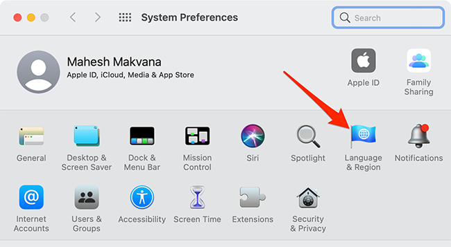 Select "Language & Region" in "System Preferences."