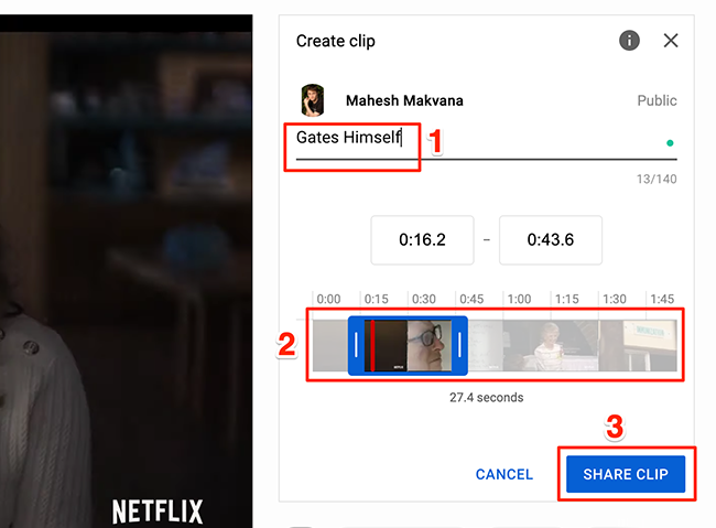 Make a clip with YouTube's "Create Clip" panel.