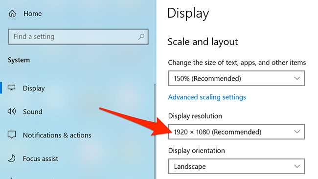 "Display resolution" highlighted in the Settings app.
