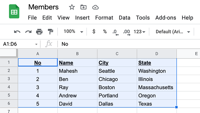 Select a table in a spreadsheet on Google Sheets.