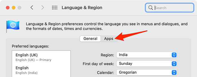 Click the "Apps" tab in "Language & Region" settings.