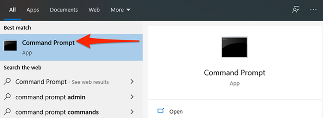 Select "Command Prompt" in the "Start" menu on Windows 10.