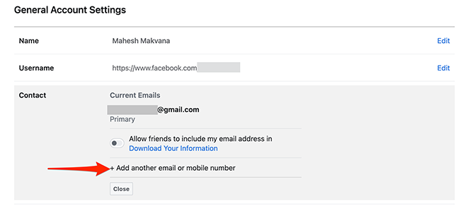 Choose &quot;Add Another Email or Mobile Number&quot; from the &quot;Contact&quot; section on Facebook.