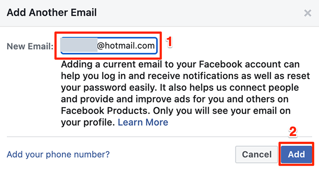 Type the email and password in the "Add Another Email" window on Facebook.