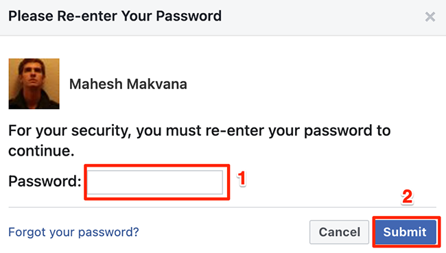 Enter the Facebook password and click "Submit."