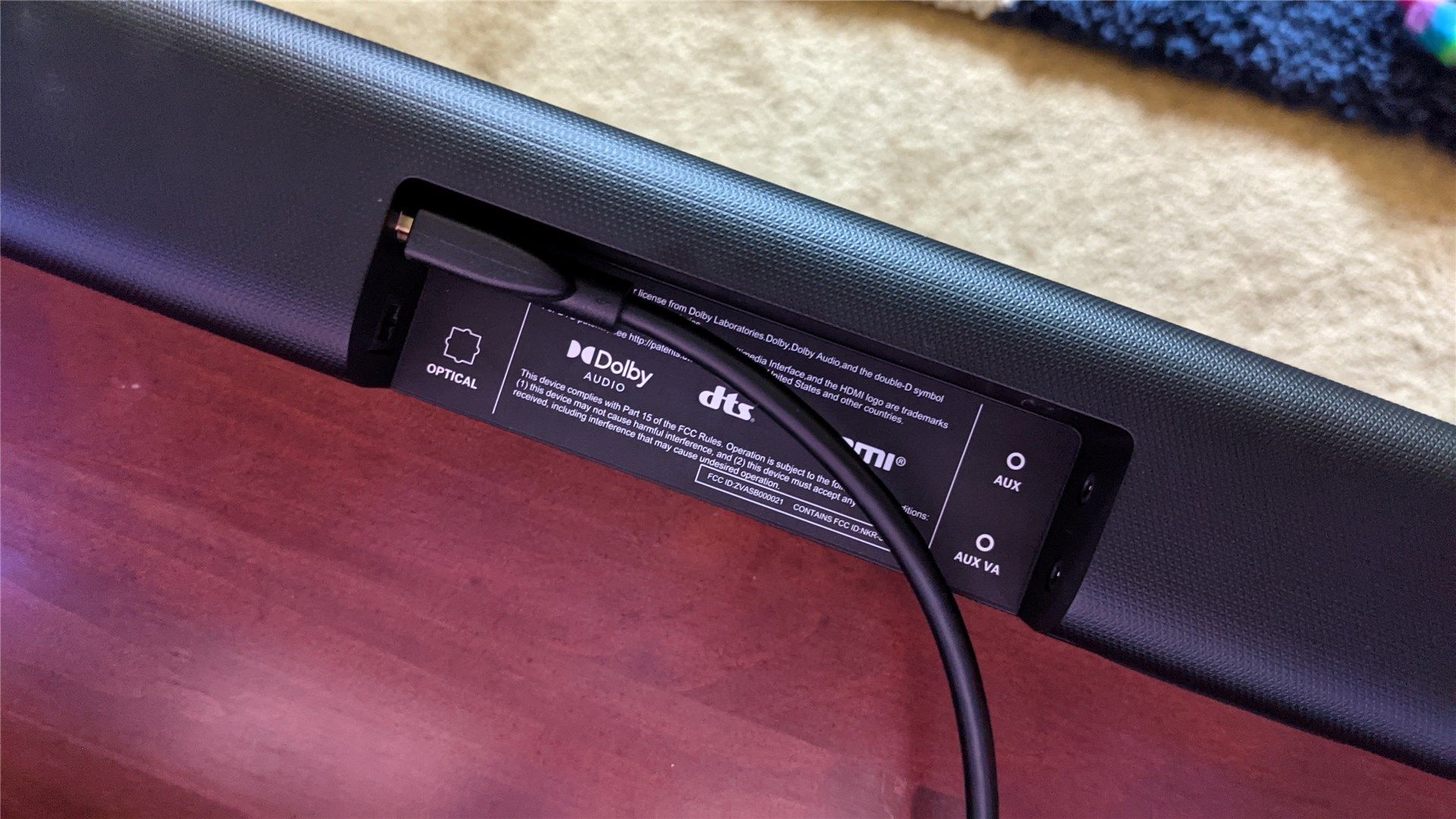 The back of the V-Series soundbar showing the output connections 