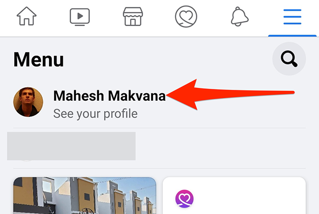 Select the user profile on Facebook's "Menu" screen.