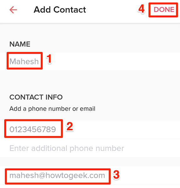 Manually enter a person's contact details in Tinder.
