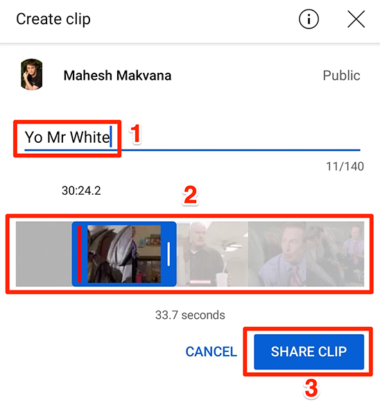 Make a clip with the "Create Clip" panel in the YouTube app.