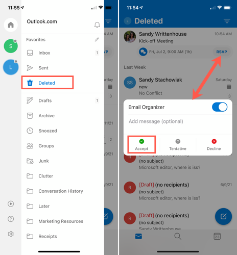 Tap to Accept a declined in Outlook mobile