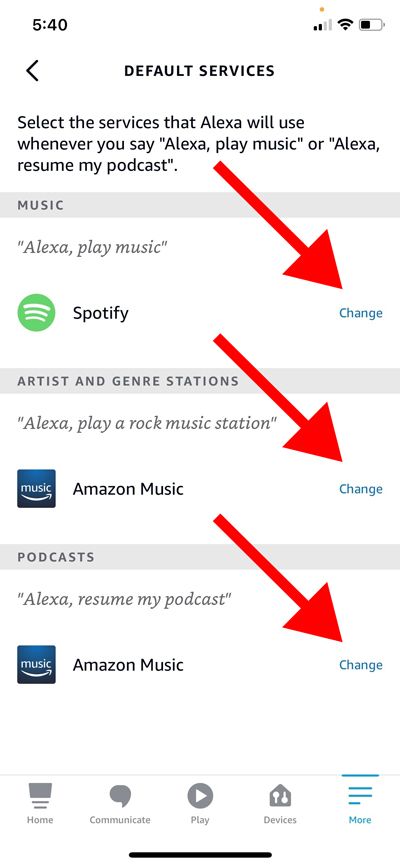 Tap Change beside default music services