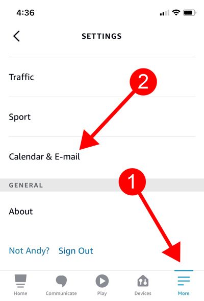 Tap More tab, choose Calendar and E-mail