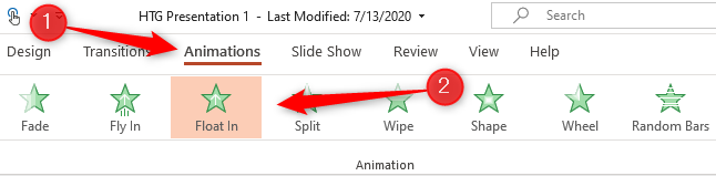 Click the Animations tab and then choose an animation from the Animation group.