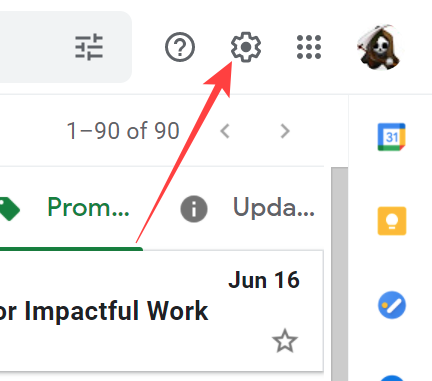 Login into your Gmail account and click on the gear icon in the top-right corner.