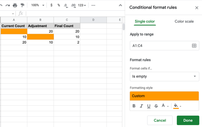 Google Sheets conditional formatting for blank cells