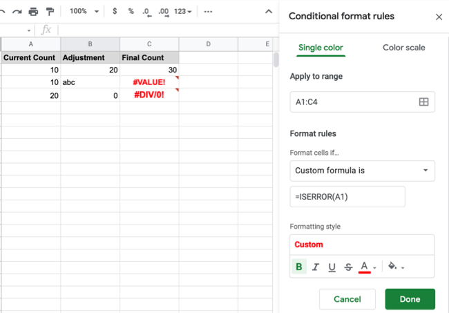 Google Sheets conditional formatting for errors