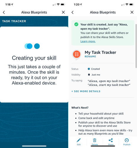 Alexa creating the Task Tracker skill and displaying details