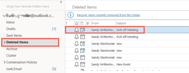 Deleted Items folder in Outlook on desktop
