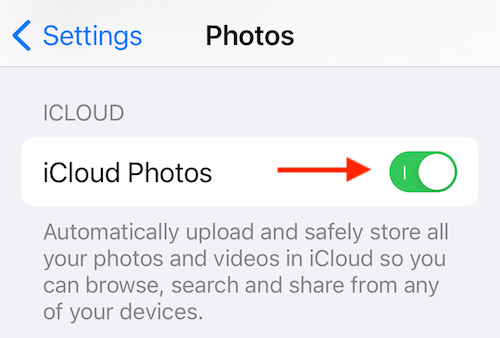 Tap the toggle next to &quot;iCloud Photos&quot; to disable the feature. 
