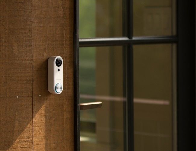 Doorbell outside home mounted on wood trim