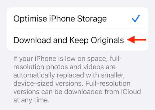 To download all photos and videos locally, switch to the &quot;Download and Keep Originals&quot; option.
