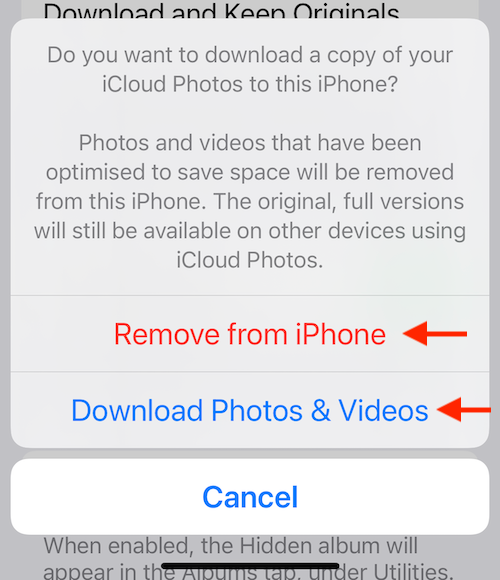 Choose &quot;Download Photos &amp; Videos&quot; option to download all iCloud photos before disabling the feature. 